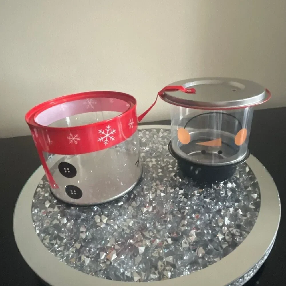 Vintage transparent clear Whimsical 3 Stackable Holiday Snowman Tin by Crofton